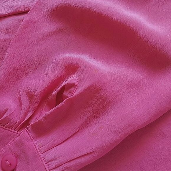 Vtg fuschia silk faux wrap shawl collar blouse - Picture 13 of 15